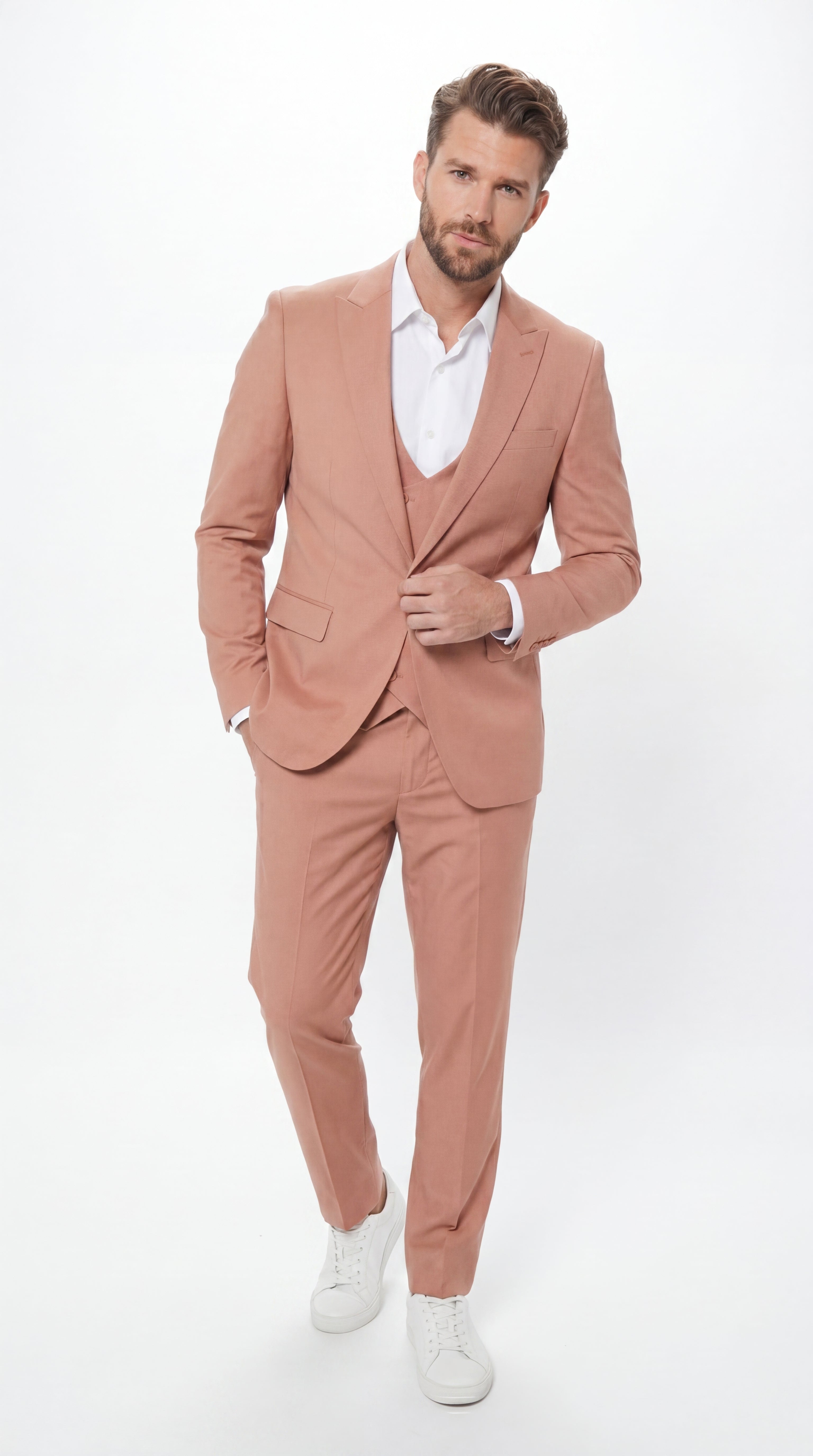 Men’s Peach Light Brown 3 Piece Suit – Wedding & Prom Formal Suit Set, Blazer Pants Double breasted vest - 34 Short or Extra Small