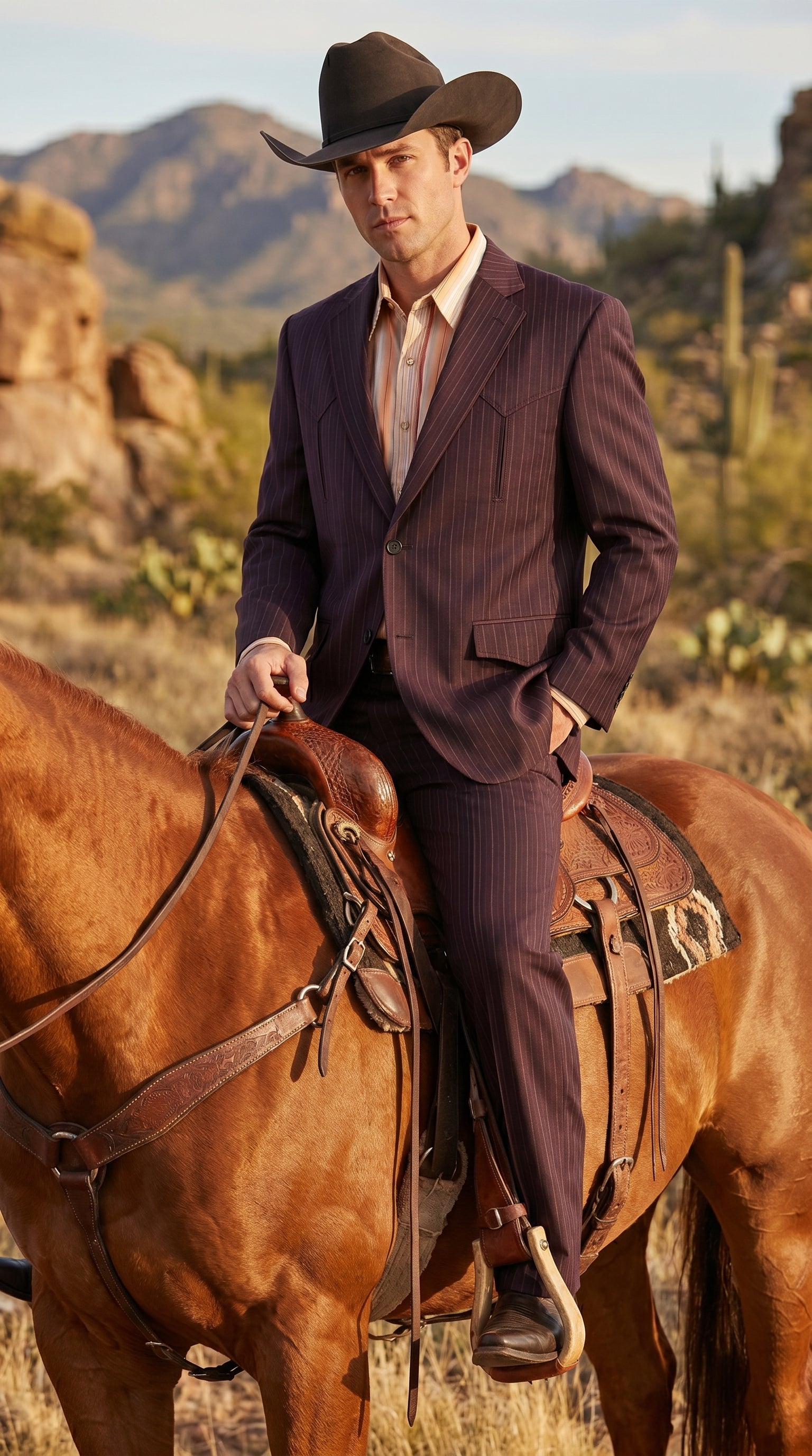 Men’s Brownish Black Pinstripe Western Suit, Cowboy Formal Wedding Ranch Dress Suit Set Slim Fitted - 36R