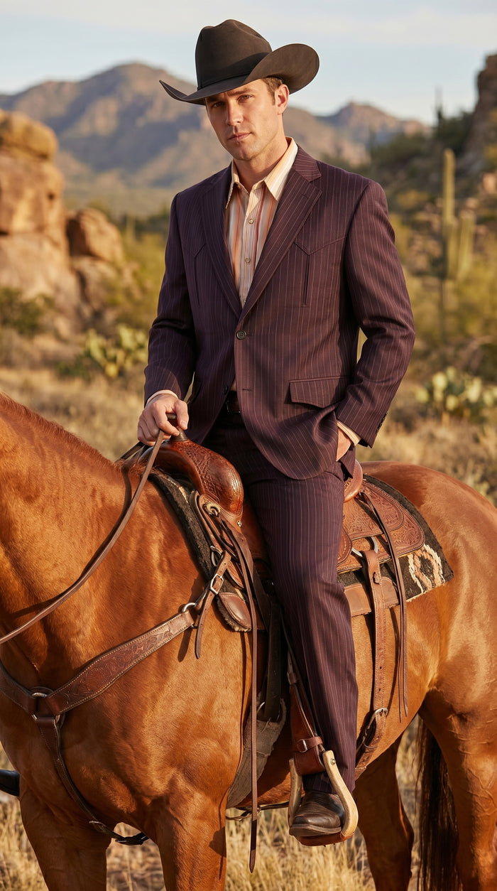 Men’s Brownish Black Pinstripe Western Suit, Cowboy Formal Wedding Ranch Dress Suit Set Slim Fitted