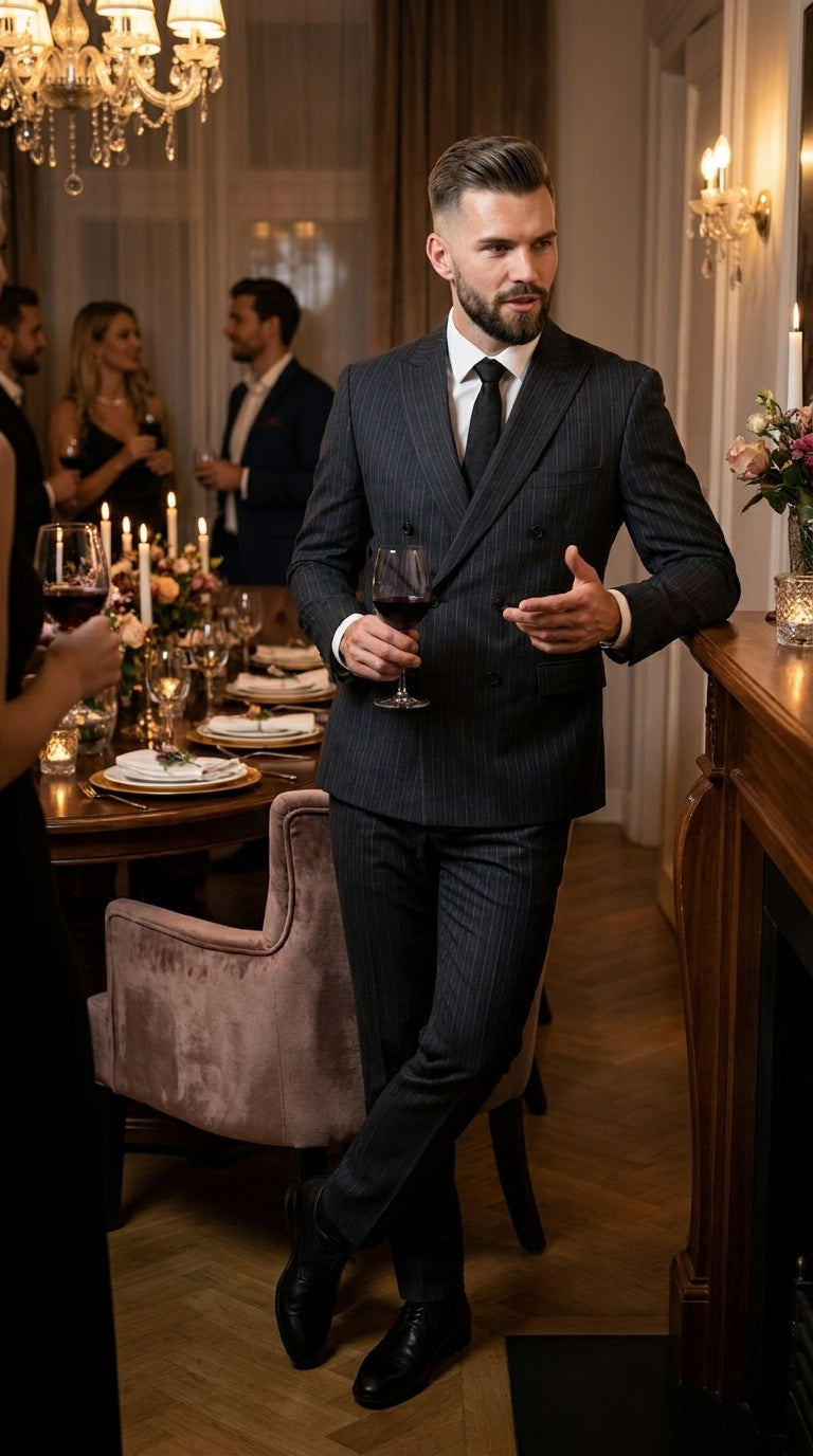 Men’s Black Pinstripe Double Breasted Suit – Classic Formal Business Suit Office and Evening Wear Modern Fit Conservative pattern - 34 Short or Extra Small