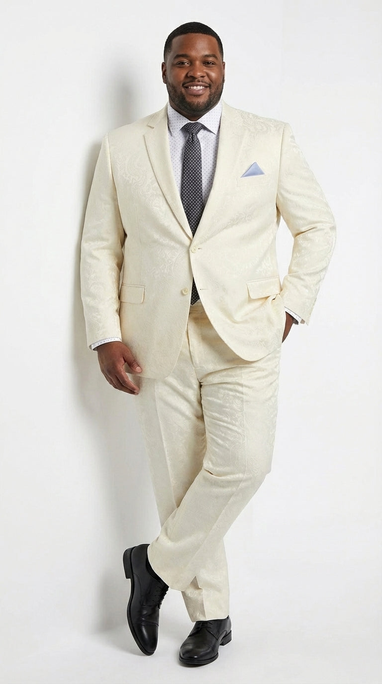 Men’s Ivory Paisley Shiny Suit – Flroal Formal Wedding and Prom Suit for Party, in Cream Off White - 34 Short or Extra Small
