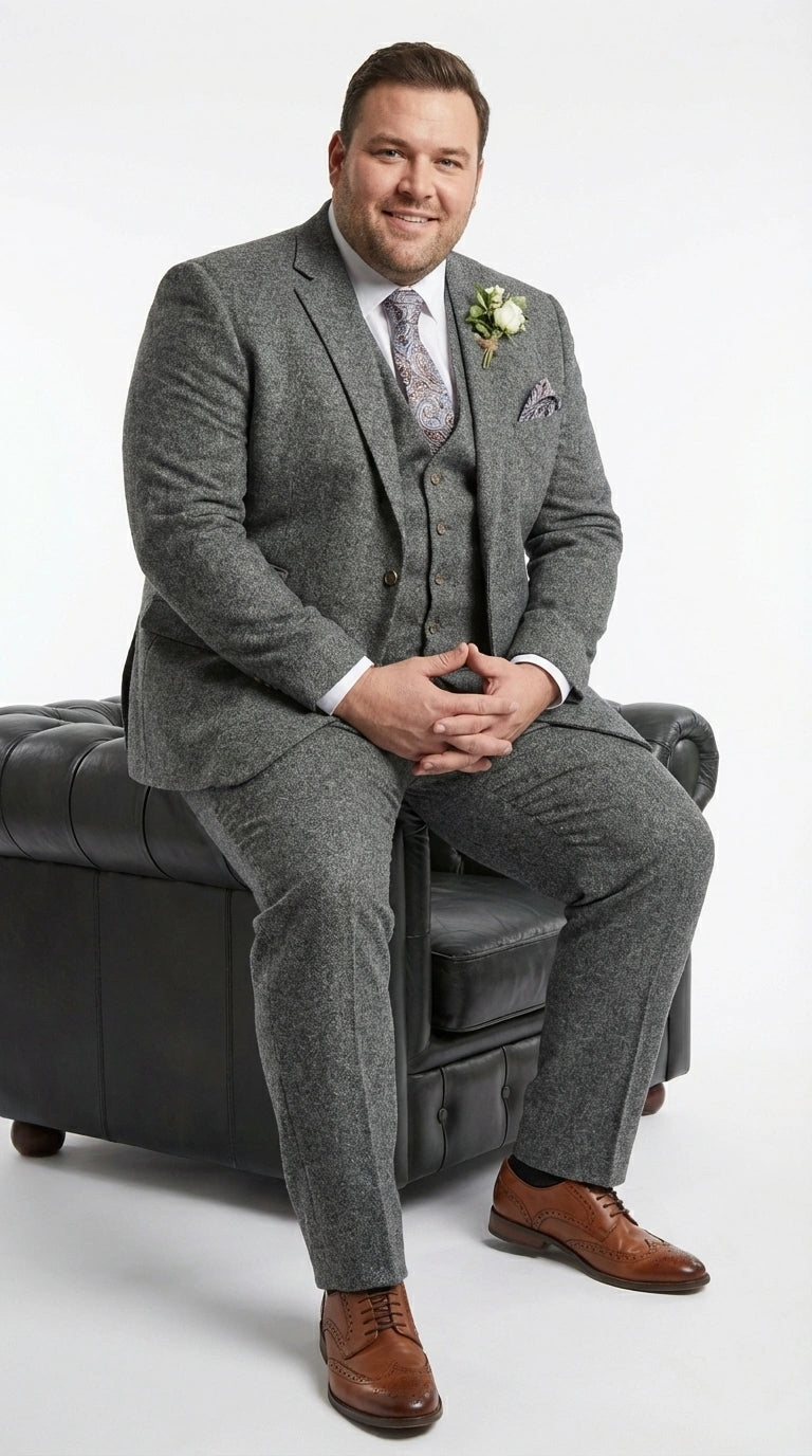 Men’s Peaky Blinder Light Grey Tweed Suit with Vest – Classic Three Piece Formal Suit, Vintage Wedding Business Outfit - 34 Short or Extra Small