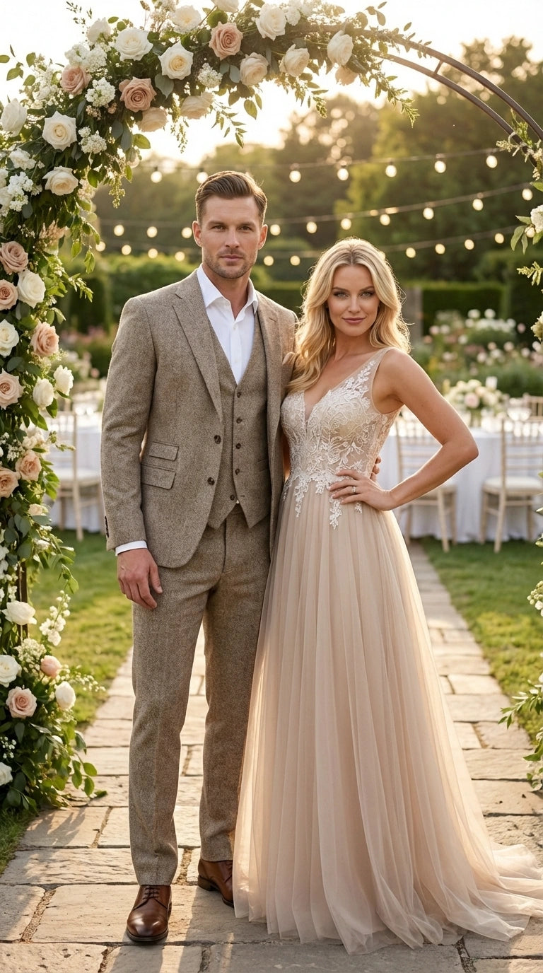 Men’s Light Beige Herringbone Tweed Suit with Vest – Classic Three Piece Formal Suit, Vintage Business Wedding Outfit, Elegant Smart Casual Wear - 34 Short or Extra Small