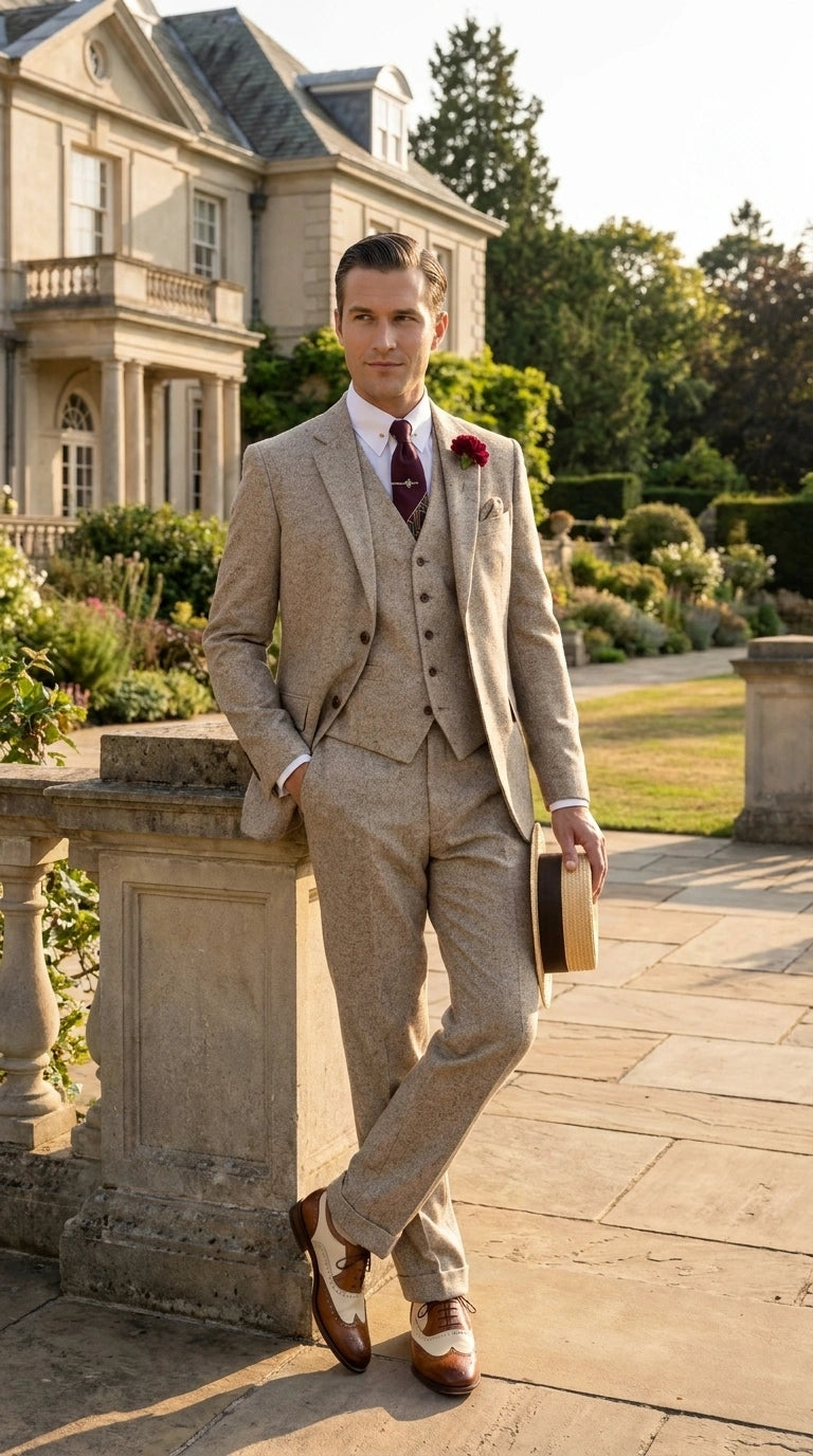 Men’s Light Tan Tweed Great Gatsby 3 Piece Suit – Vintage Vested Wedding Suit, 1920s Classic Formal Outfit Herringbone - 34 Short or Extra Small