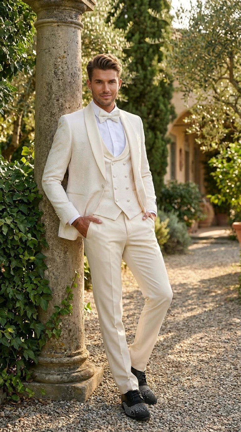 Men’s Ivory Paisley Tuxedo Suit 3 Piece – One Button Vested Satin Formal Suit for Wedding in Off white Cream Color - 40
