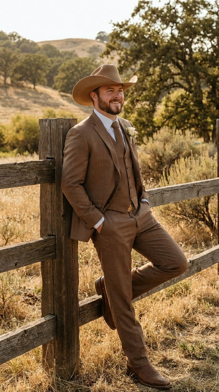 Men’s Light Brown Western 3 Piece Suit – Classic Country Style Blazer Vest Pants Set, Formal Cowboy Suit Toast