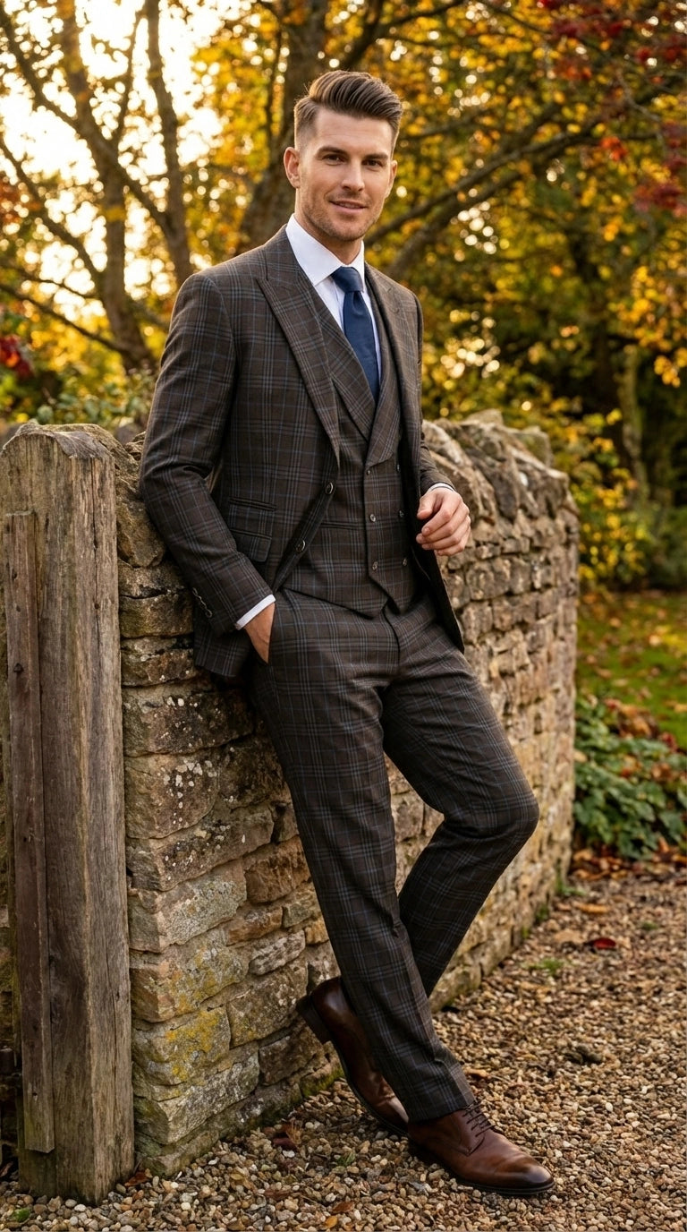 Vitali Men’s Brown Grey with blue Check 3 Piece Suit – Classic Plaid Formal Suit Set with Blazer, Vest & Trousers, Business Wedding Party Wear for Men Modern Fit - 34 Short or Extra Small