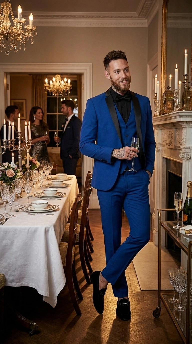 Men’s Royal Blue 3 Piece Suit with Black Lapel – Modern Formal Suit for Wedding, Prom and Party Wear - 34 Short or Extra Small