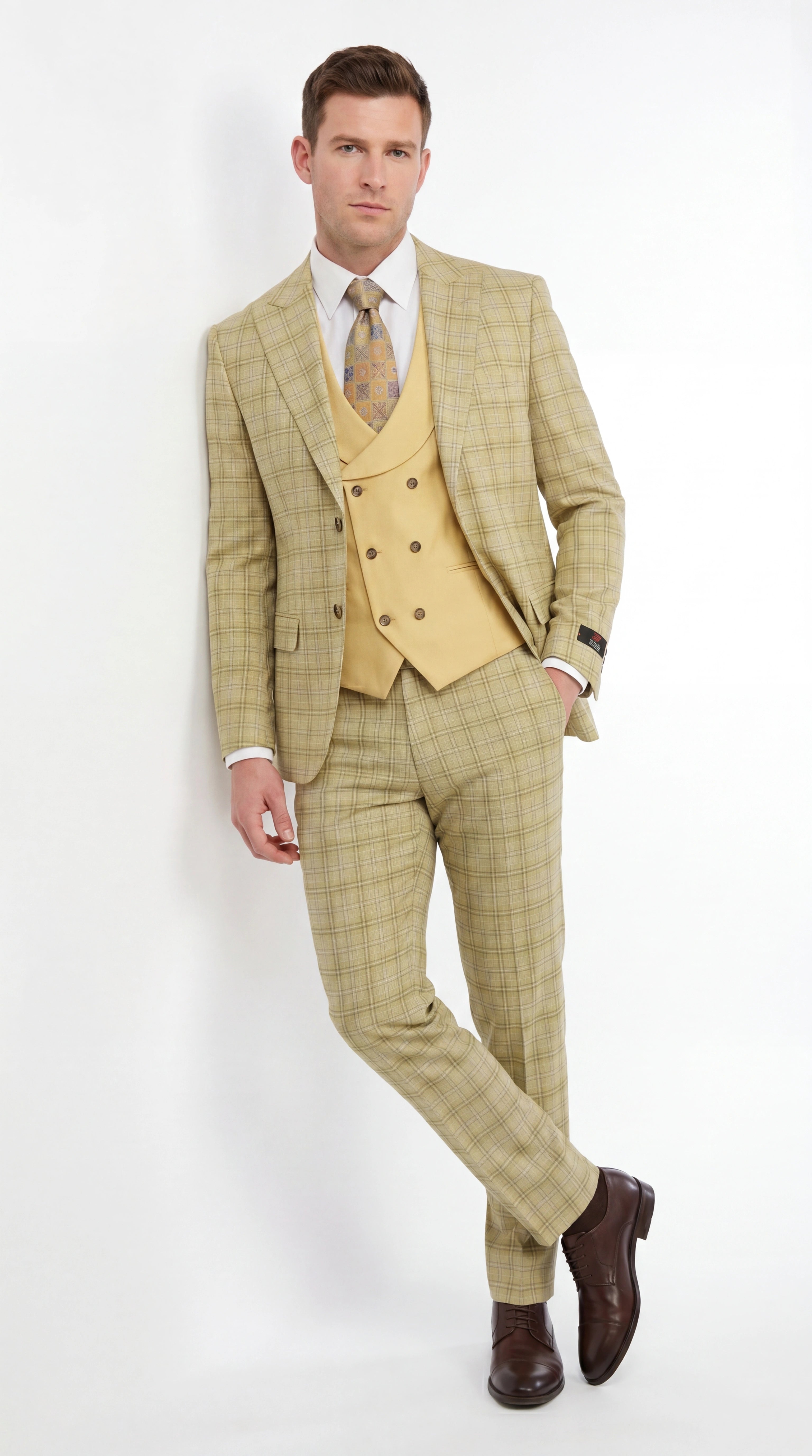 Vitali Men’s Sage Beige Tan Plaid 3 Piece Suit, Check Pattern Formal Dress Suit for Weddings, Prom, Business Events, Modern Fit Light Yellow Color - 34 Short or Extra Small