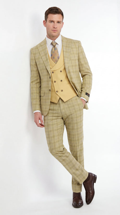 Vitali Men’s Sage Beige Tan Plaid 3 Piece Suit, Check Pattern Formal Dress Suit for Weddings, Prom, Business Events, Modern Fit Light Yellow Color