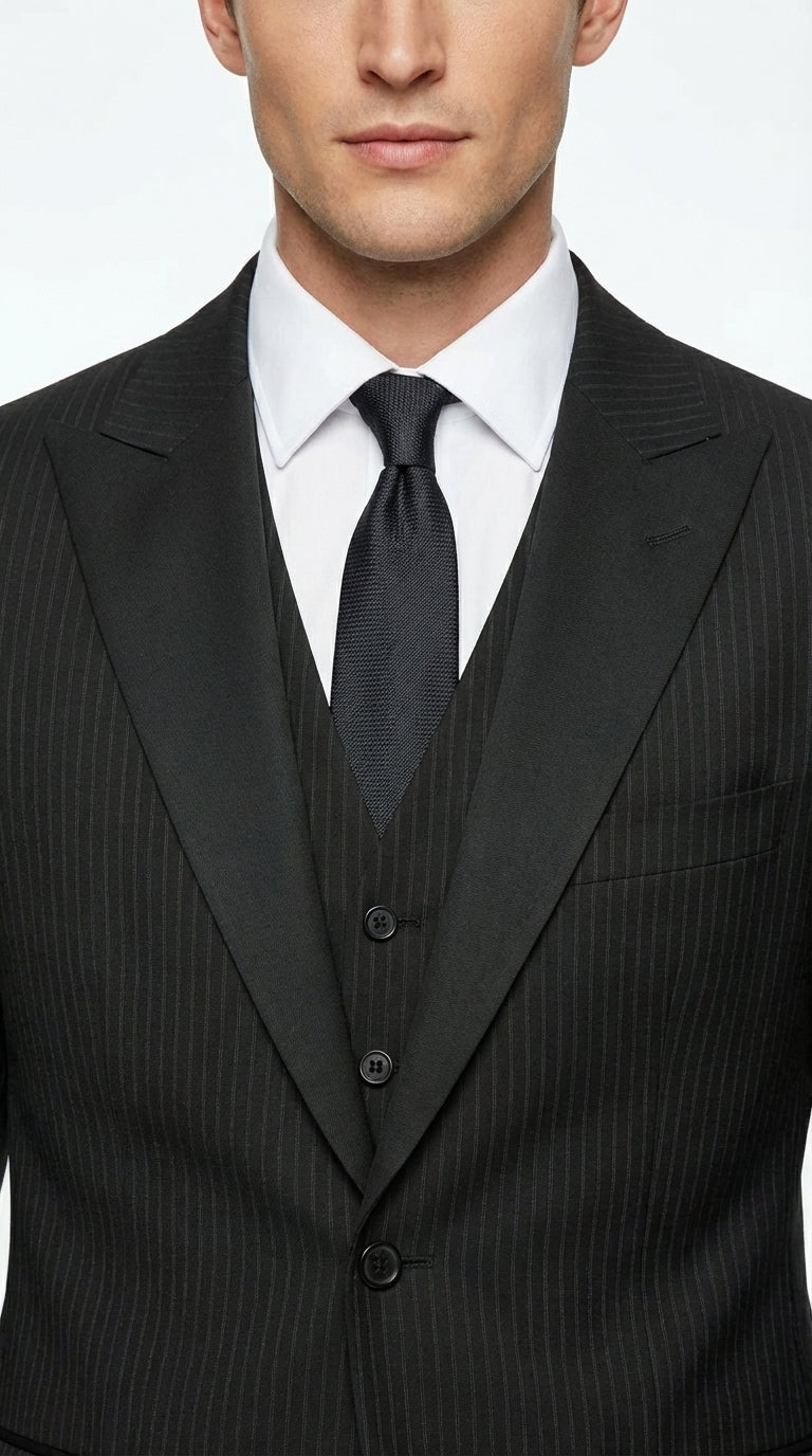 Vitali Mens Black Tone on Tone Shadow Stripe Vested Suit Set – 3 Piece Modern Fit Pinstripe Two Buttons - 34 Short or Extra Small