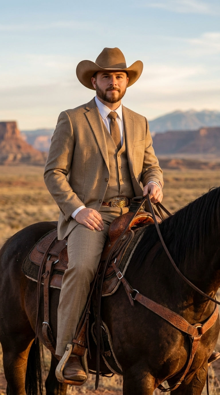 Mens Sharkskin Dark Taupe Tan with sheen Western 3 Piece Suit – Classic Country Style Blazer Vest Pants Set, Formal Cowboy Suit Outfit - 34 Short or Extra Small