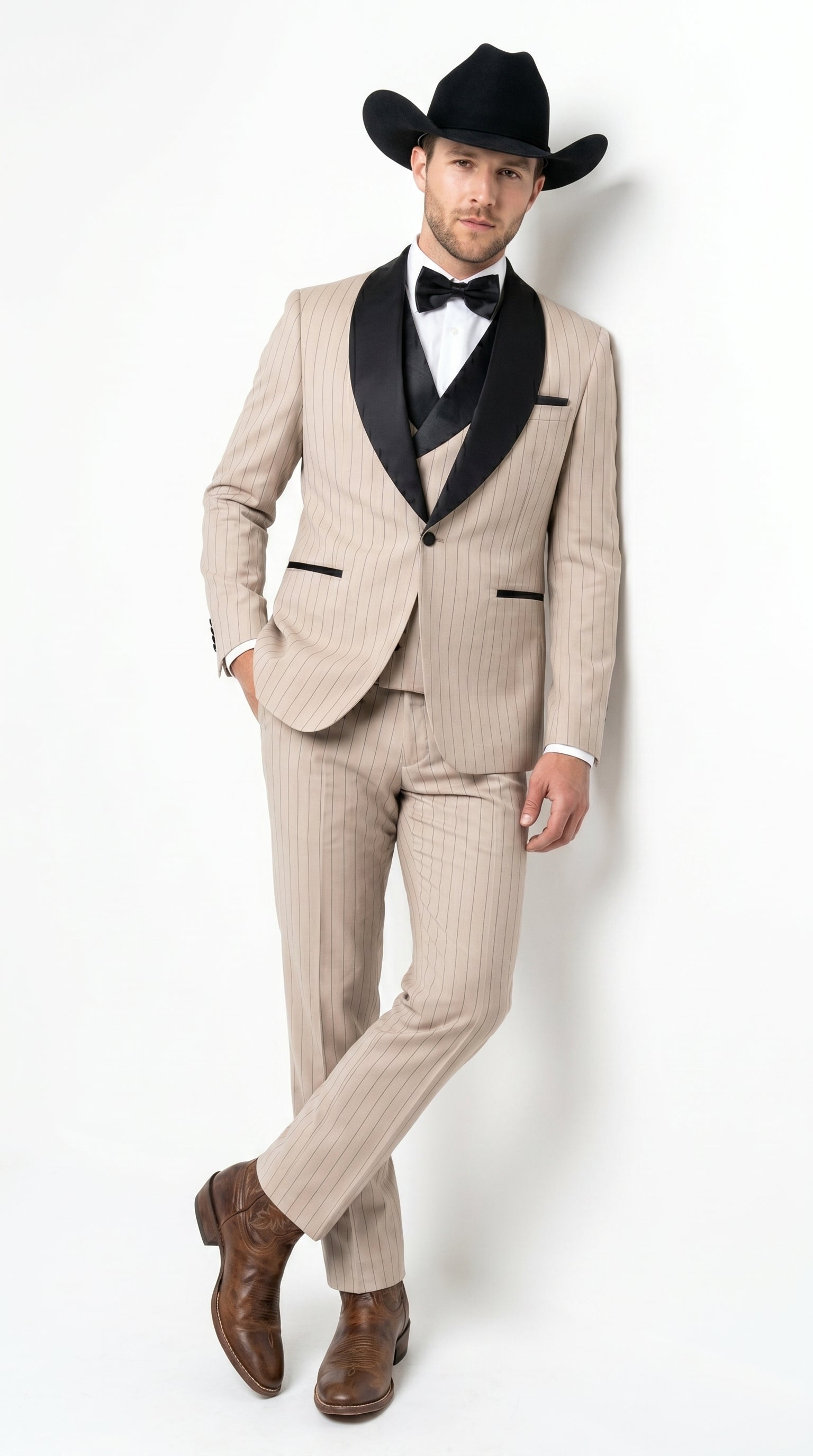Men’s Beige Pinstripe Western 3 Piece Tuxedo Suit with Black Shawl Lapel, Formal Cowboy Wedding Prom Suit in Tan Khaki Color - 34 Short or Extra Small