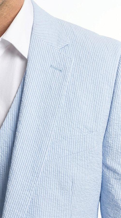 Men’s Blue Pinstripe Seersucker Suit with Jacket and Pants, Big and Tall Kentucky Derby Summer Suit