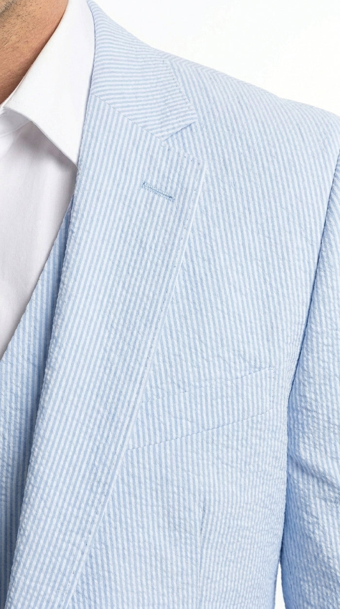 Men’s Blue Pinstripe Seersucker Suit with Jacket and Pants, Big and Tall Kentucky Derby Summer Suit