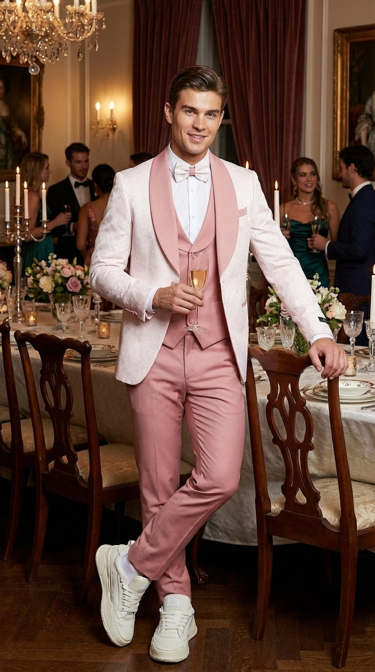 Men’s Cream and Rose Pink Prom Suit – Cream Tuxedo Jacket with Rose Pink Pants and Shawl Lapel Formal Suit for Prom and Wedding - 34 Short or Extra Small