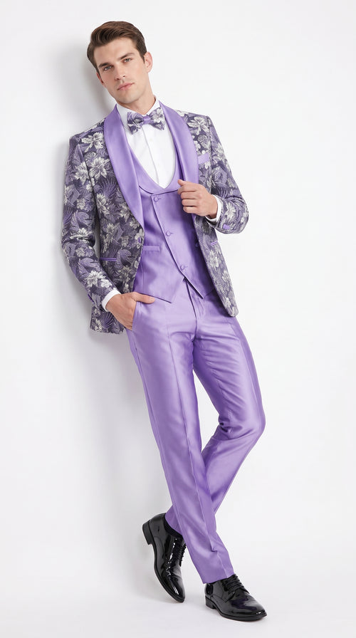 Men’s Lilac Lavender Prom Suit – Floral Shawl Lapel 3 Piece Tuxedo with Matching Vest and Pants