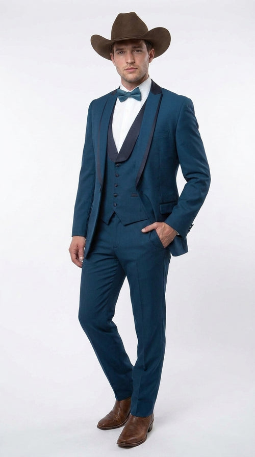 Men’s Teal Blue Western Tuxedo Suit, 3 Piece Cowboy Formal Wedding Prom Suit with Black Shawl Lapel Saphire