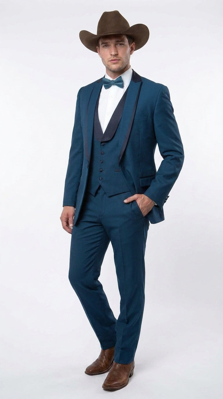 Men’s Teal Blue Western Tuxedo Suit, 3 Piece Cowboy Formal Wedding Prom Suit with Black Shawl Lapel Saphire