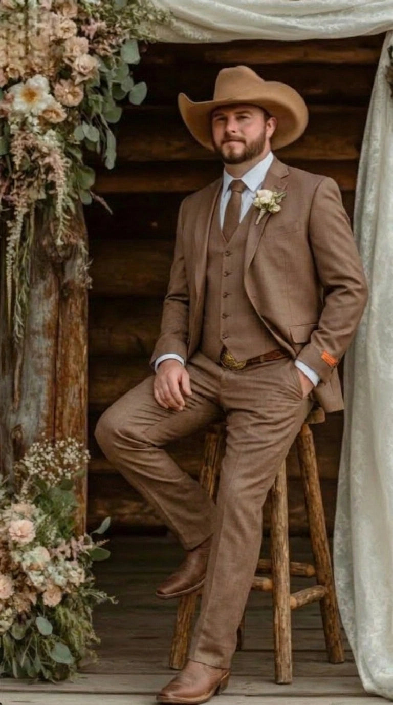 Men’s Light Brown Western 3 Piece Suit – Classic Country Style Blazer Vest Pants Set, Formal Cowboy Suit Toast - 34 Short or Extra Small