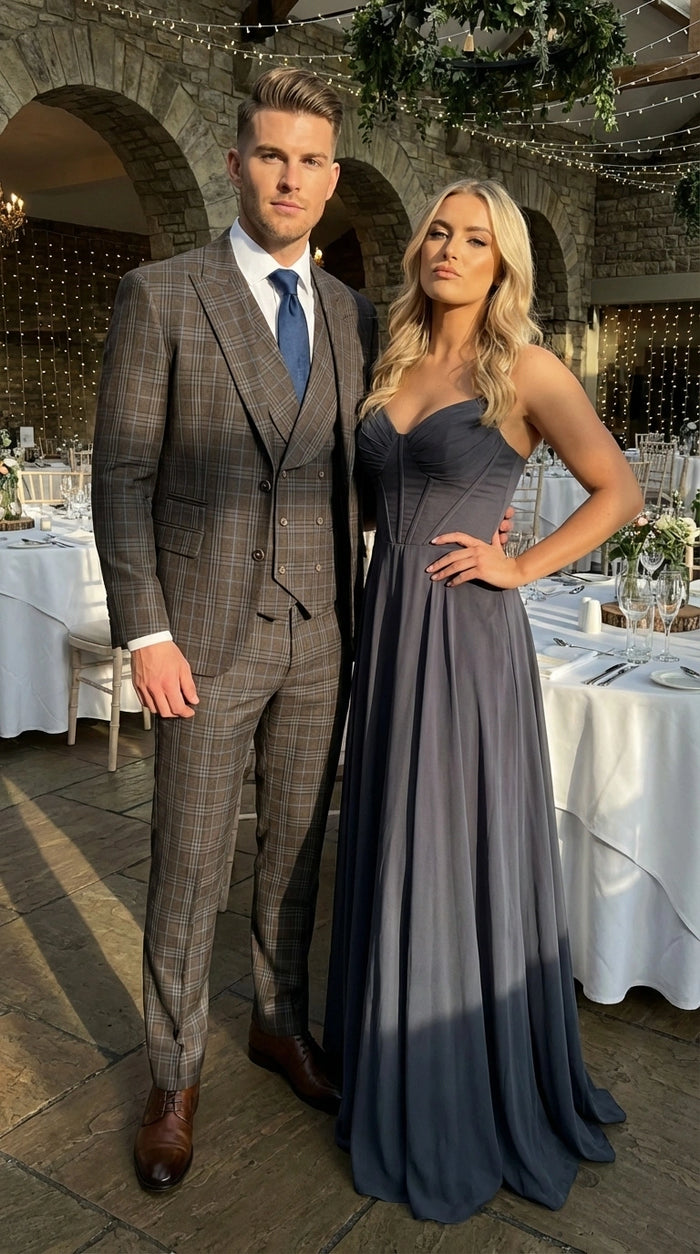 Vitali Men’s Brown Grey with blue Check 3 Piece Suit – Classic Plaid Formal Suit Set with Blazer, Vest & Trousers, Business Wedding Party Wear for Men Modern Fit