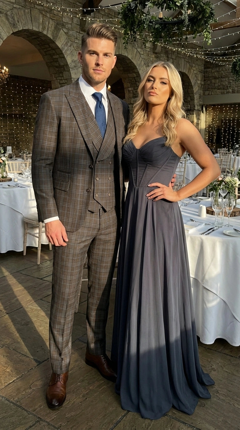 Vitali Men’s Brown Grey with blue Check 3 Piece Suit – Classic Plaid Formal Suit Set with Blazer, Vest & Trousers, Business Wedding Party Wear for Men Modern Fit - 34 Short or Extra Small