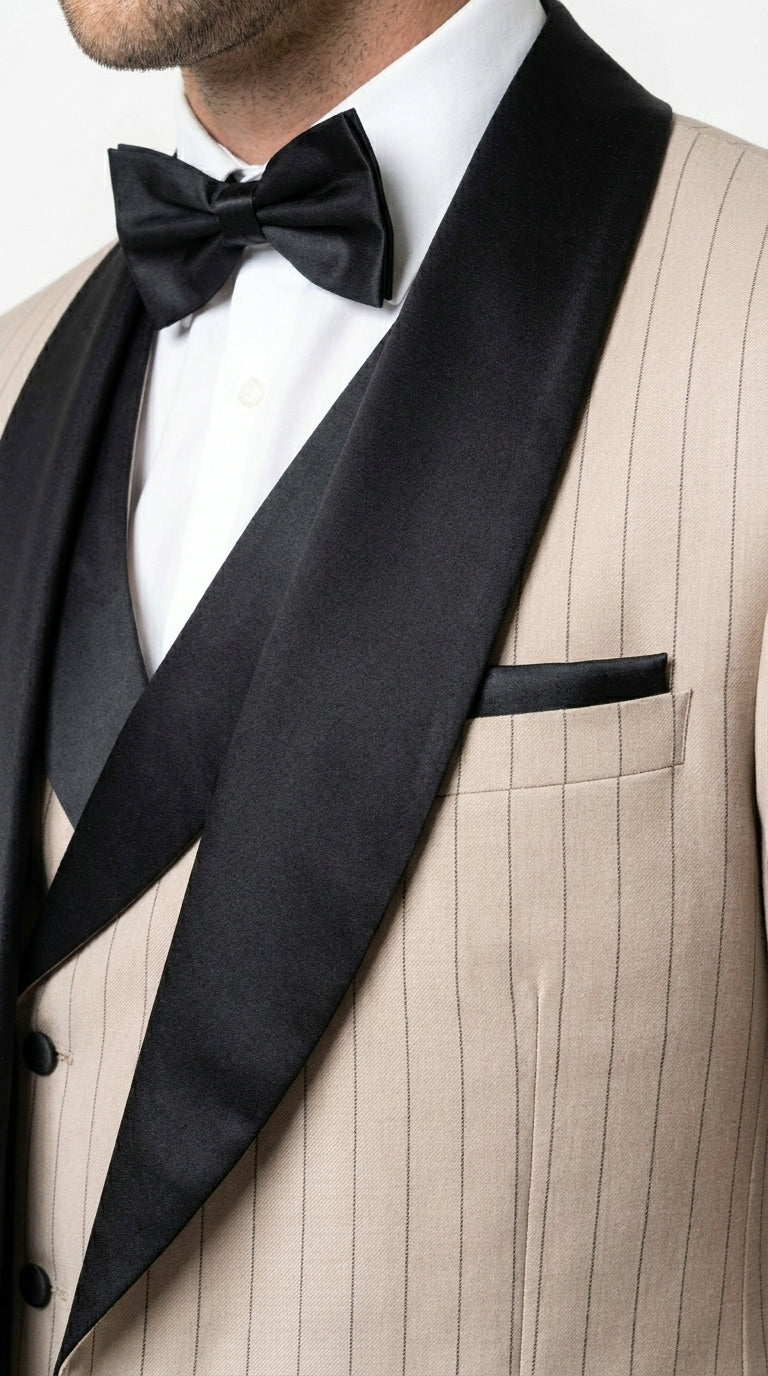 Men’s Beige Pinstripe Western 3 Piece Tuxedo Suit with Black Shawl Lapel, Formal Cowboy Wedding Prom Suit in Tan Khaki Color - 34 Short or Extra Small
