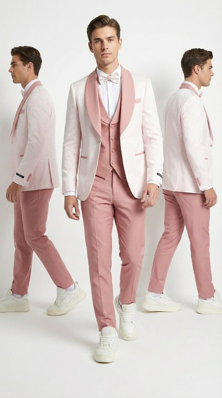 Men’s Cream and Rose Pink Prom Suit – Cream Tuxedo Jacket with Rose Pink Pants and Shawl Lapel Formal Suit for Prom and Wedding - 34 Short or Extra Small