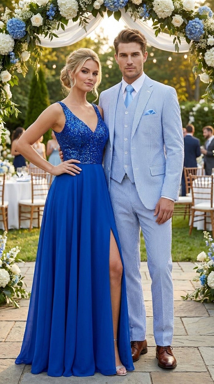 Cheap priced Suit - Mens 2 Button Jacket + Pants Summer Seersucker Blue Suit