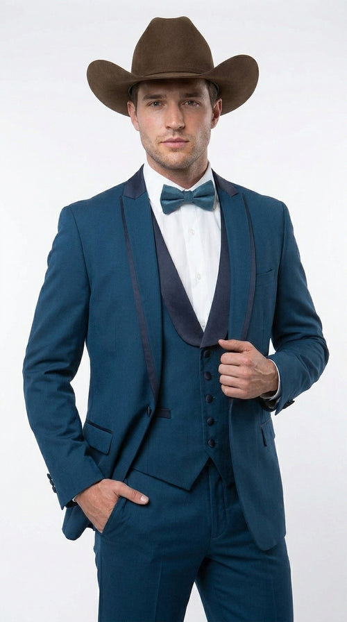 Men’s Teal Blue Western Tuxedo Suit, 3 Piece Cowboy Formal Wedding Prom Suit with Black Shawl Lapel Saphire