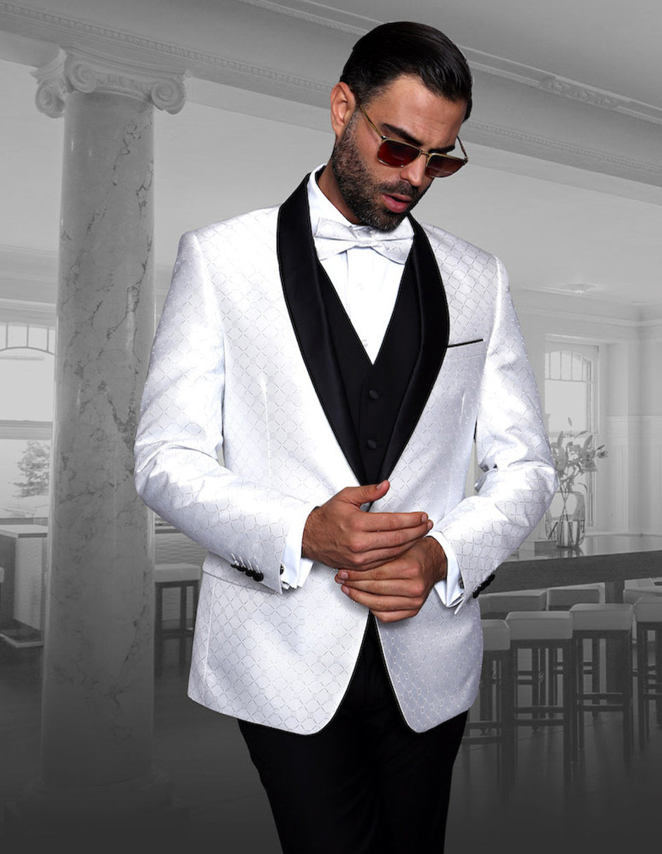 Mens Vested One Button Shawl Tuxedo in Geometric Chain Print in White - 36 Short