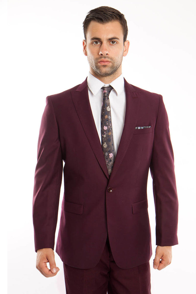 "Burgundy Men's Slim Fit Suit with One Button Peak Lapel"
