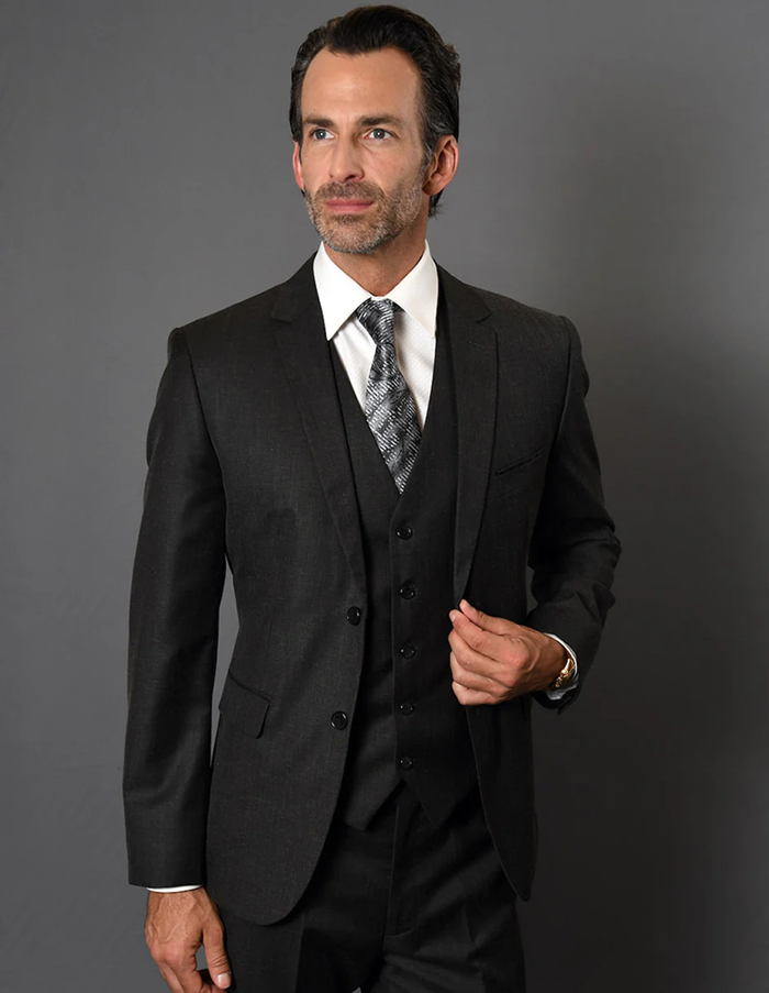 100 Percent Wool Suit - Mens Wool Business Textured  Black Suits