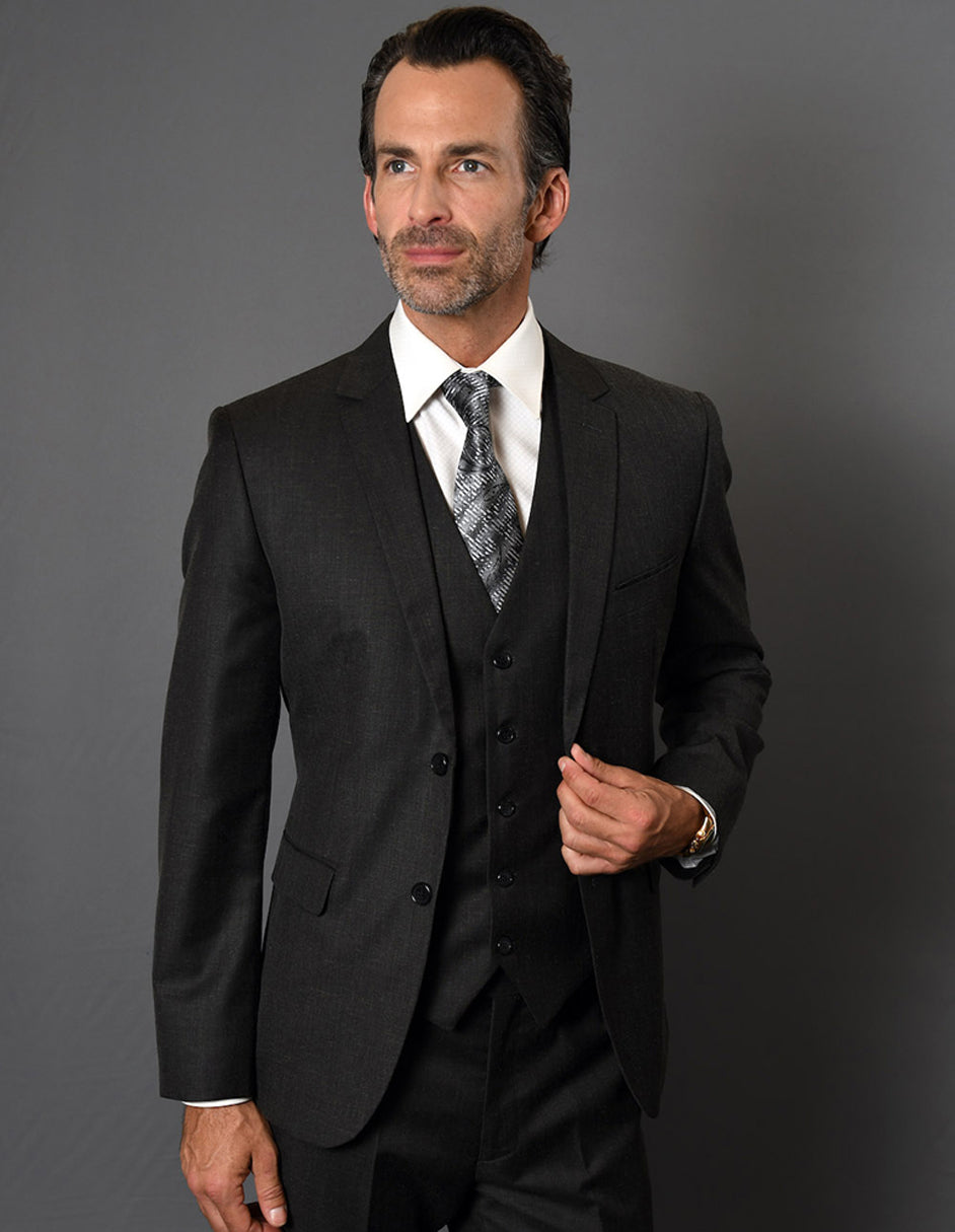 Mens 2 Button Slim Fit Vested Suit in Black Textured Fabric - 36 Short