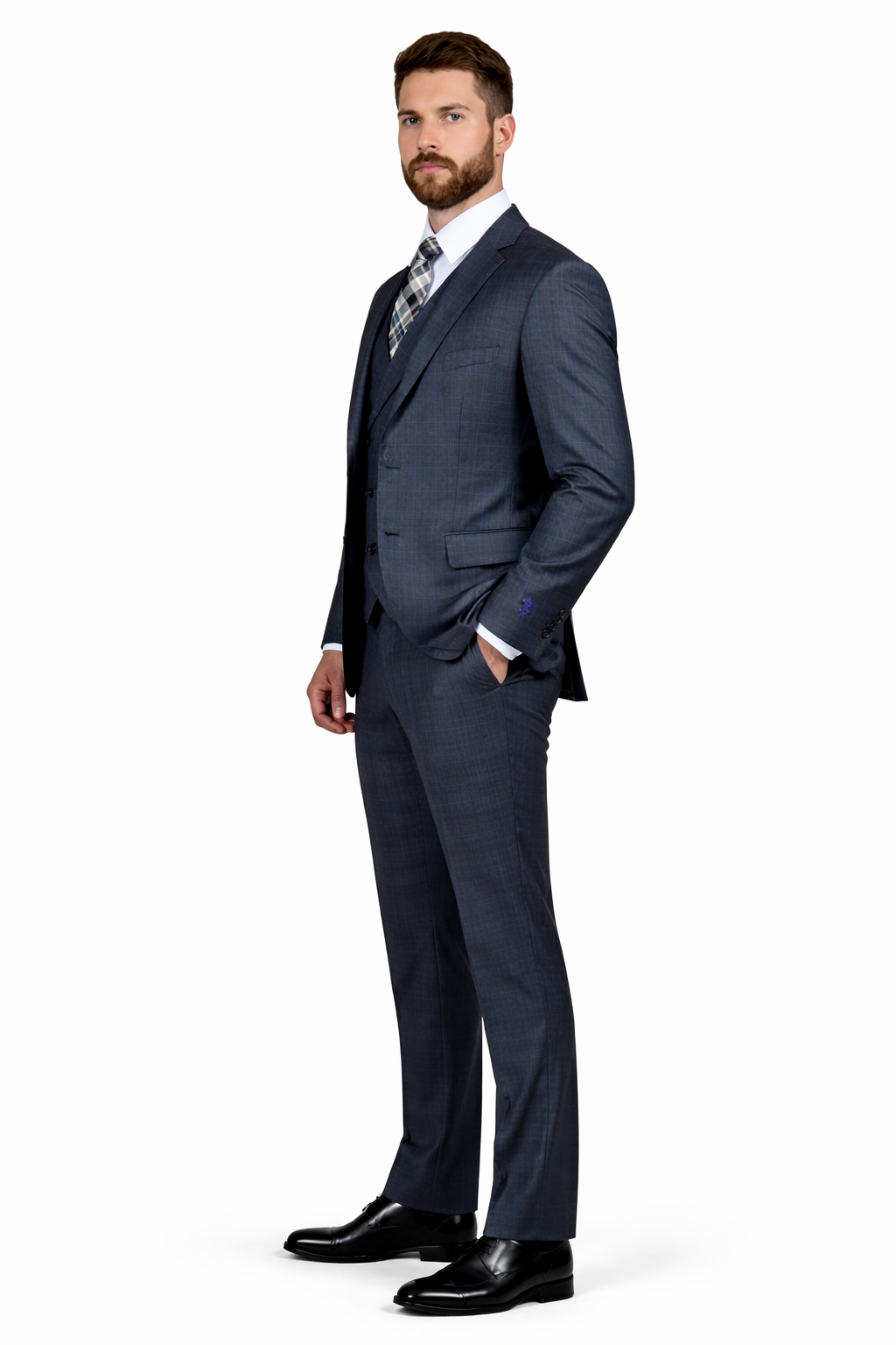 1920s Charcoal Square Plaid Mens Suit 3 Piece DB Vest Vinci V2RW-13 - 36 Short