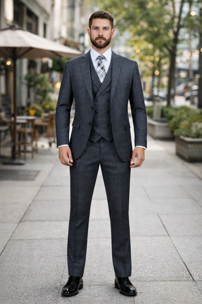 1920s Charcoal Square Plaid Mens Suit 3 Piece DB Vest Vinci V2RW-13