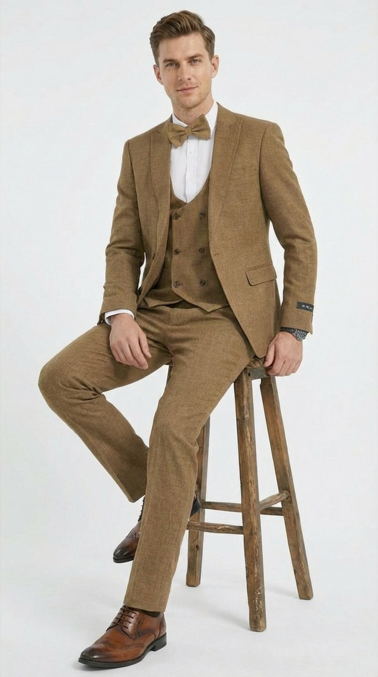 Mens Mocca Brown Taupe textured 1920s Great Gatsby Inspired Suit – Vintage Three Piece Retro Formal Suit Peak Lapel - 34 Short or Extra Small