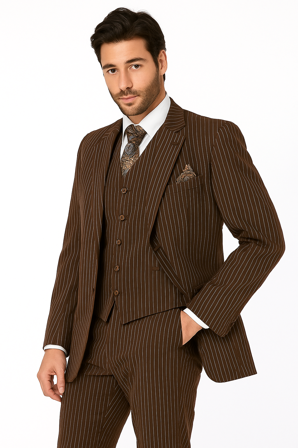 1920s Mens Suit - 1920s Mens Outfit - 1920s costume Bold Pinstripe Wide Suit in Brown - New Arrival - 38 Short Jacket+32 Waist Adjustable 28to34)(Height: 5 4 to5 7 )(Neck  15-16.5)S-M)