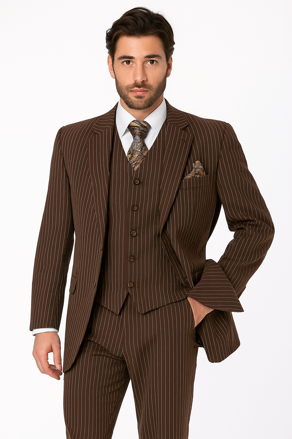 1920s Mens Suit - 1920s Mens Outfit - 1920s costume Bold Pinstripe Wide Suit in Brown - New Arrival - 38 Short Jacket+32 Waist Adjustable 28to34)(Height: 5 4 to5 7 )(Neck  15-16.5)S-M)