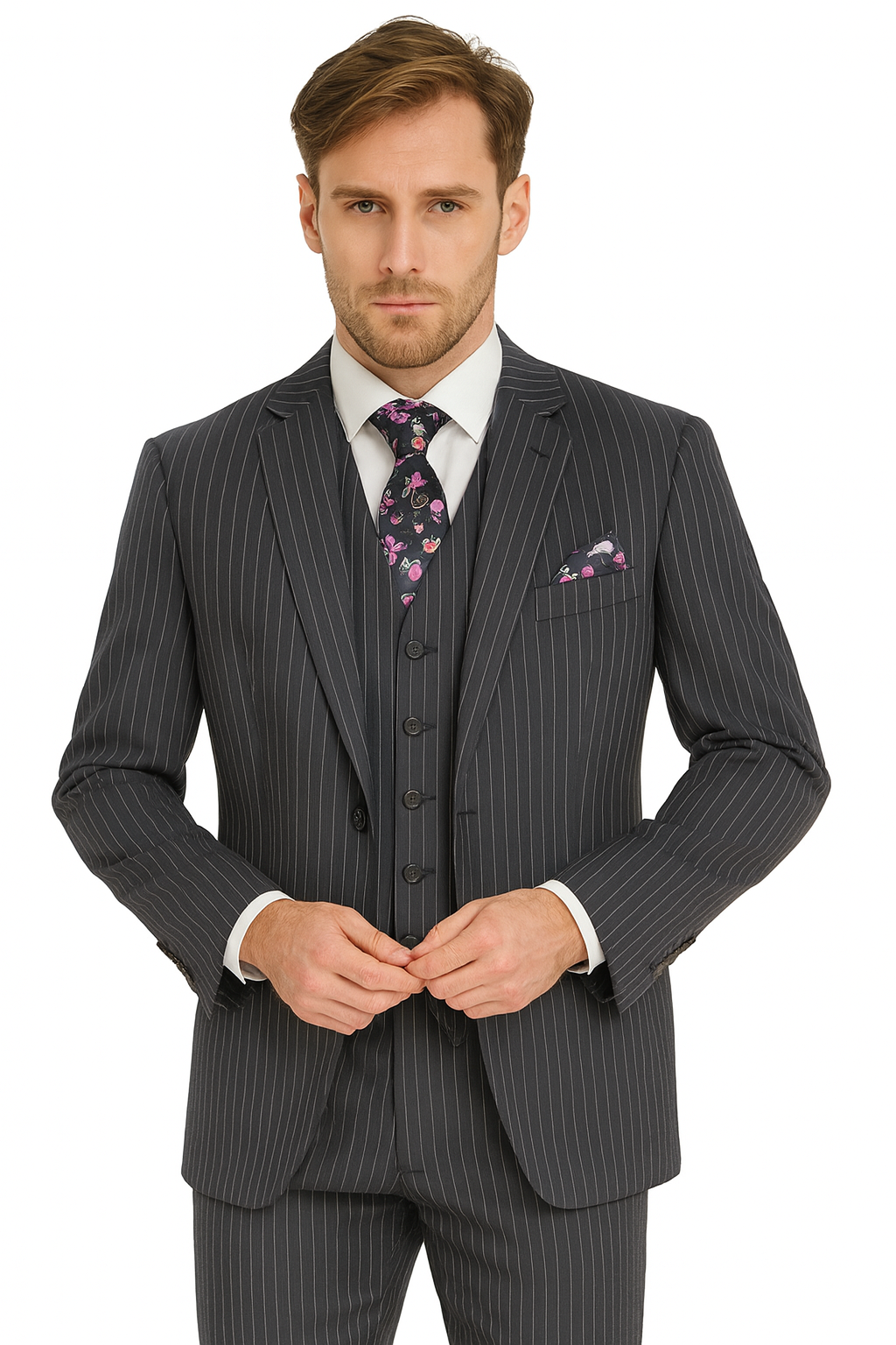 1920s Mens Suit - 1920s Mens Outfit - 1920s costume Bold Pinstripe Wide Suit in Grey suit - New Arrival - 38 Short Jacket+32 Waist Adjustable 28to34)(Height: 5 4 to5 7 )(Neck  15-16.5)S-M)