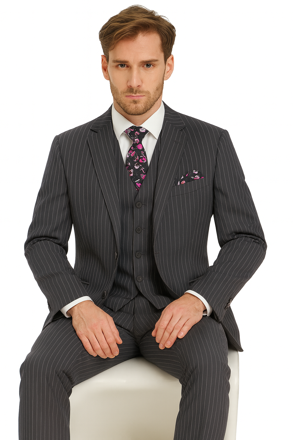 1920s Mens Suit - 1920s Mens Outfit - 1920s costume Bold Pinstripe Wide Suit in Grey suit - New Arrival - 38 Short Jacket+32 Waist Adjustable 28to34)(Height: 5 4 to5 7 )(Neck  15-16.5)S-M)