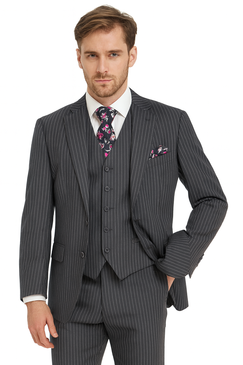 1920s Mens Suit - 1920s Mens Outfit - 1920s costume Bold Pinstripe Wide Suit in Grey suit - New Arrival - 38 Short Jacket+32 Waist Adjustable 28to34)(Height: 5 4 to5 7 )(Neck  15-16.5)S-M)