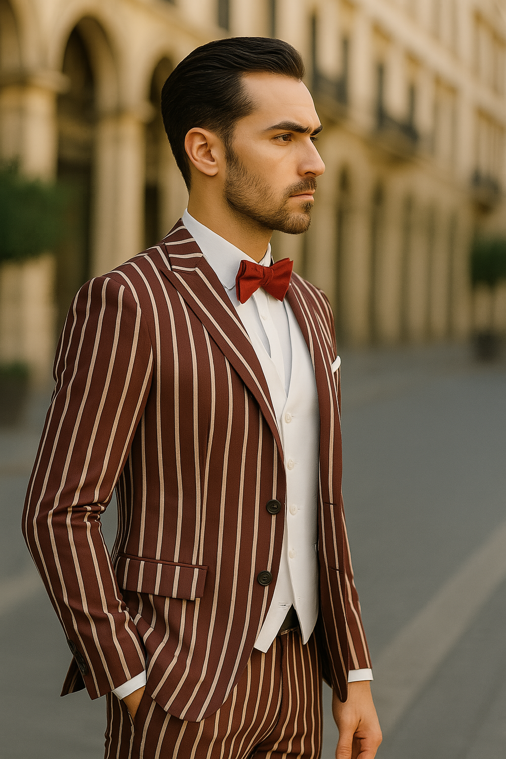 1920s Mens Vested Bold Gangster Pinstripe Suit in Burgundy - 34 Short or Extra Small