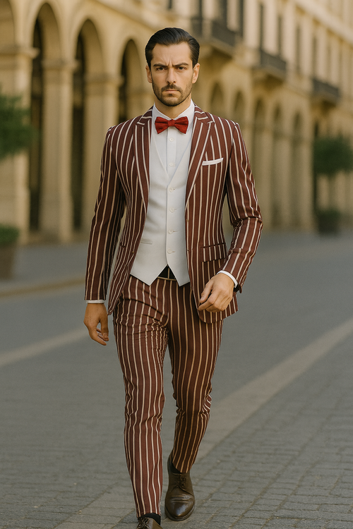 1920s Mens Vested Bold Gangster Pinstripe Suit in Burgundy