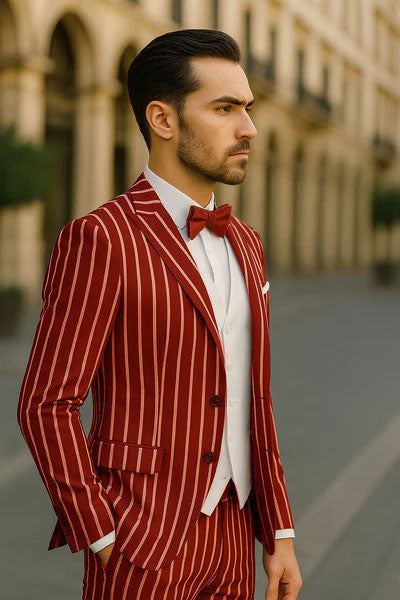 1920s Mens Vested Bold Gangster Pinstripe Suit in Burgundy - 34 Short or Extra Small