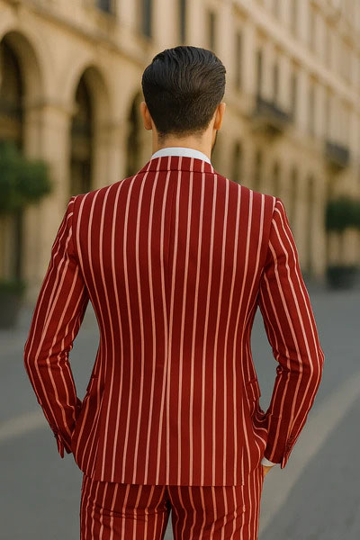 1920s Mens Vested Bold Gangster Pinstripe Suit in Burgundy - 34 Short or Extra Small
