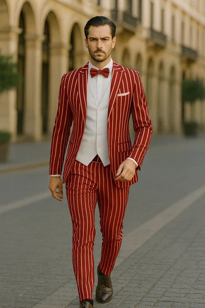 1920s Mens Vested Bold Gangster Pinstripe Suit in Burgundy - 34 Short or Extra Small