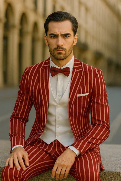 1920s Mens Vested Bold Gangster Pinstripe Suit in Burgundy - 34 Short or Extra Small
