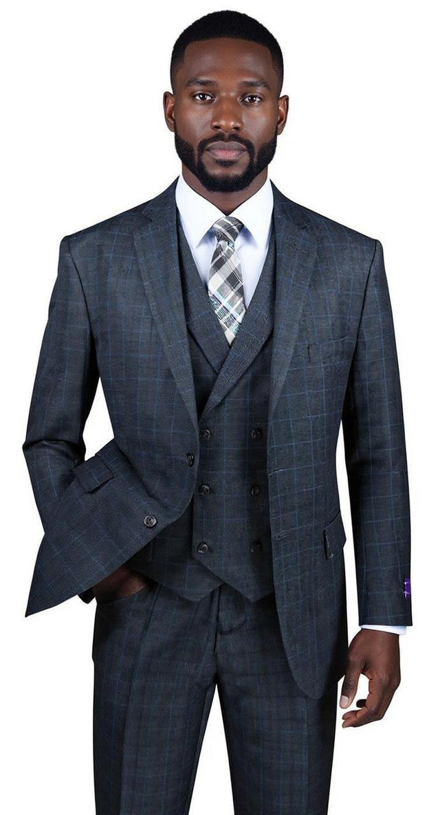 1920s Charcoal Square Plaid Mens Suit 3 Piece DB Vest Vinci V2RW-13 - 36 Short