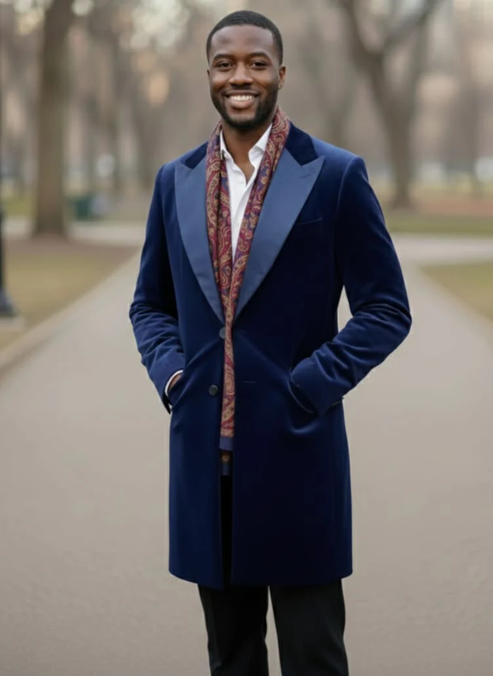 Mens Navy Velvet Victorian Tailcoat Tuxedo Three Quarter Length Cutaway Stage And Wedding Jacket